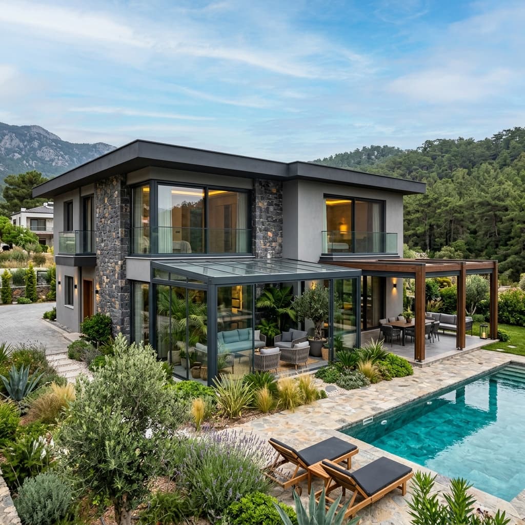 İzmir Kemalpaşa villa kış bahçesi ve motorlu pergola uygulaması