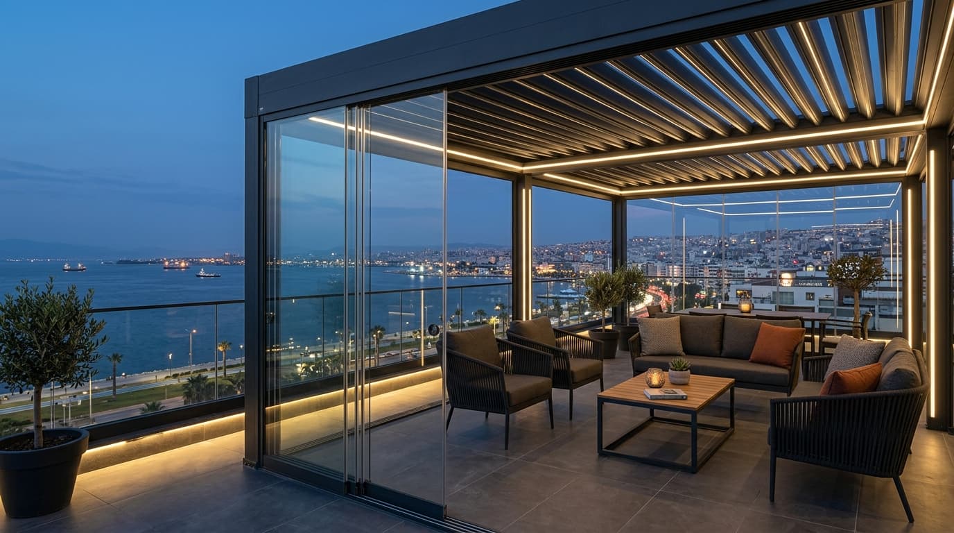 İzmir Çeşme otel terası motorlu bioklimatik pergola ve sürme cam uygulaması