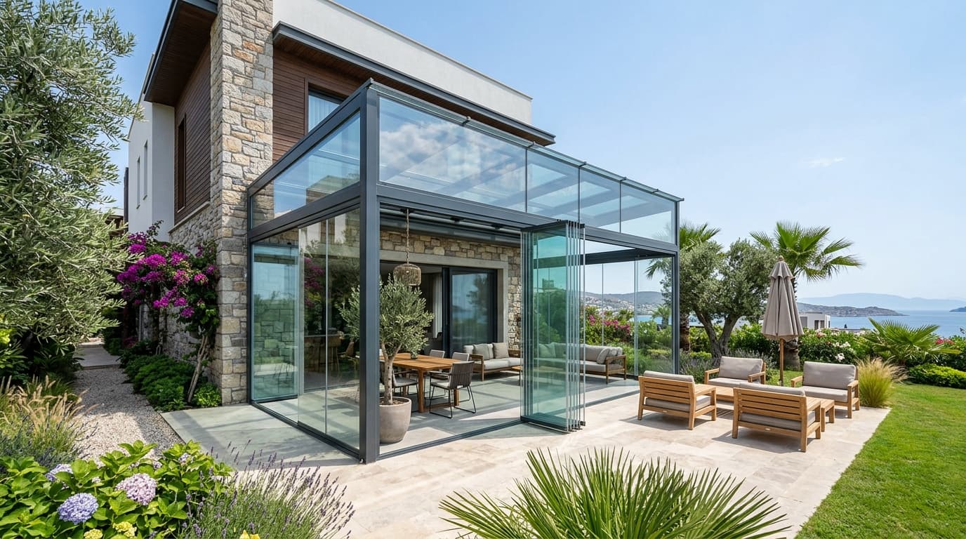 Çeşme modern villa kış bahçesi cam tavan ve katlanır sistem